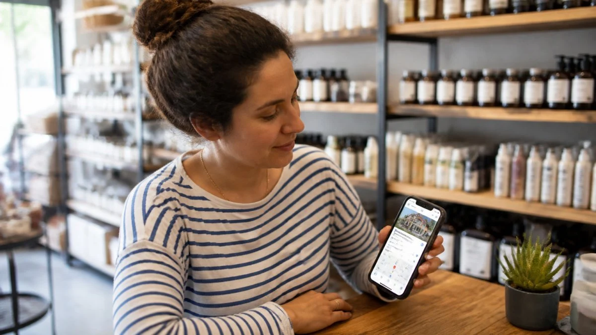 A small business owner sitting at a wooden counter in a retail shop, looking at a smartphone showing their Google Maps business listing, with shelves of products softly blurred behind them